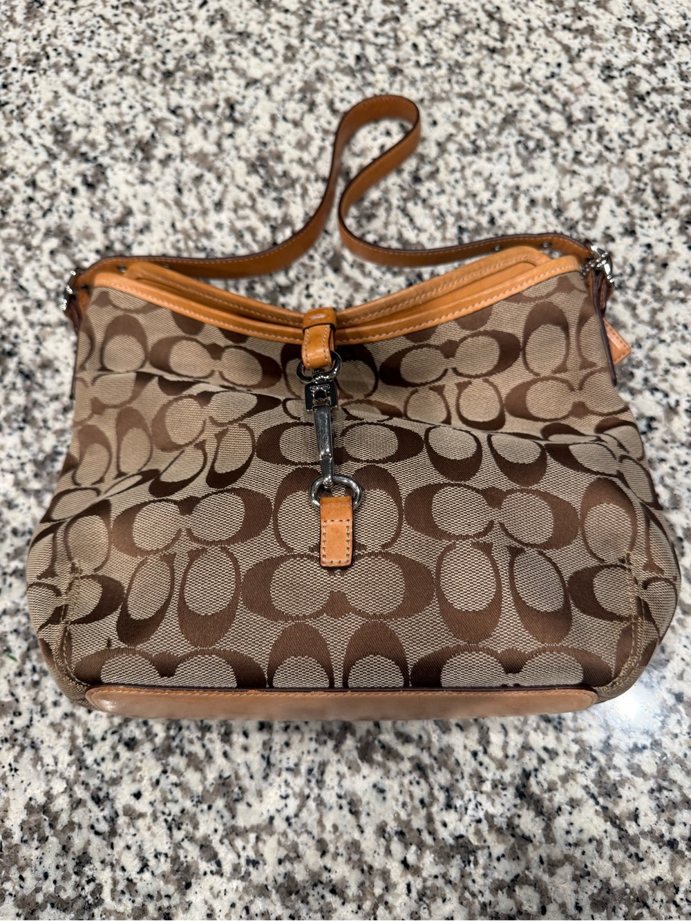 Coach Brown Signature Canvas Shoulder Bag with Tan Trim